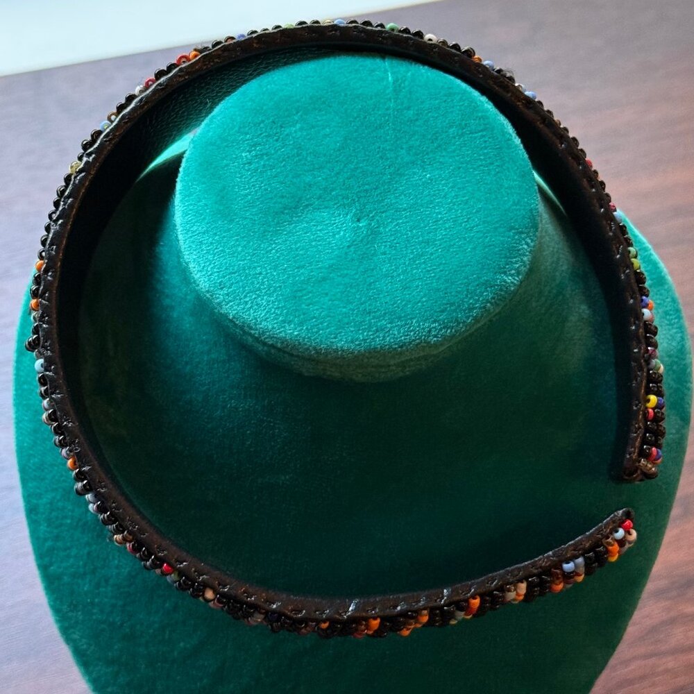 African Beaded Leather Headband Rainbow and Black NWOT - Picture 3 of 3